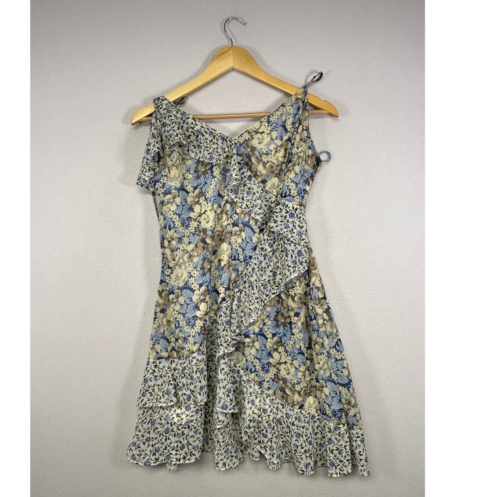 Cottagecore ASTR the Label Womens Medium Blue Floral Ruffle Tie Strap Mini Dress